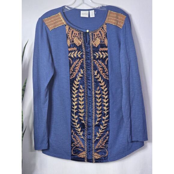 Chicos Zenergy Womens Size 1 (Medium) Blue Embroidered Pieced Velvet Tunic LS - Picture 2 of 7